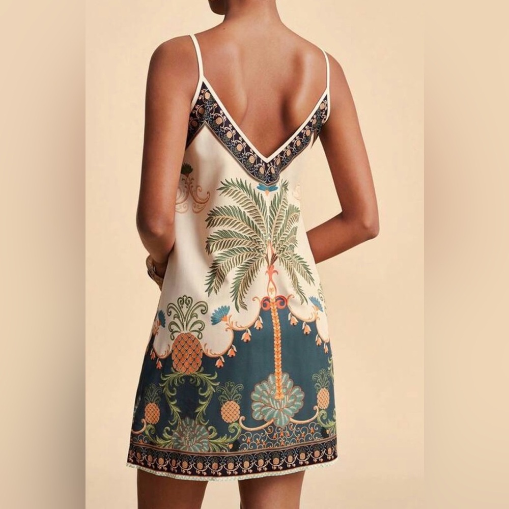 Lightweight Tropical Parrot/ Palm Tree Print Slip Dress - Cream & Teal Size XL - Picture 2 of 4